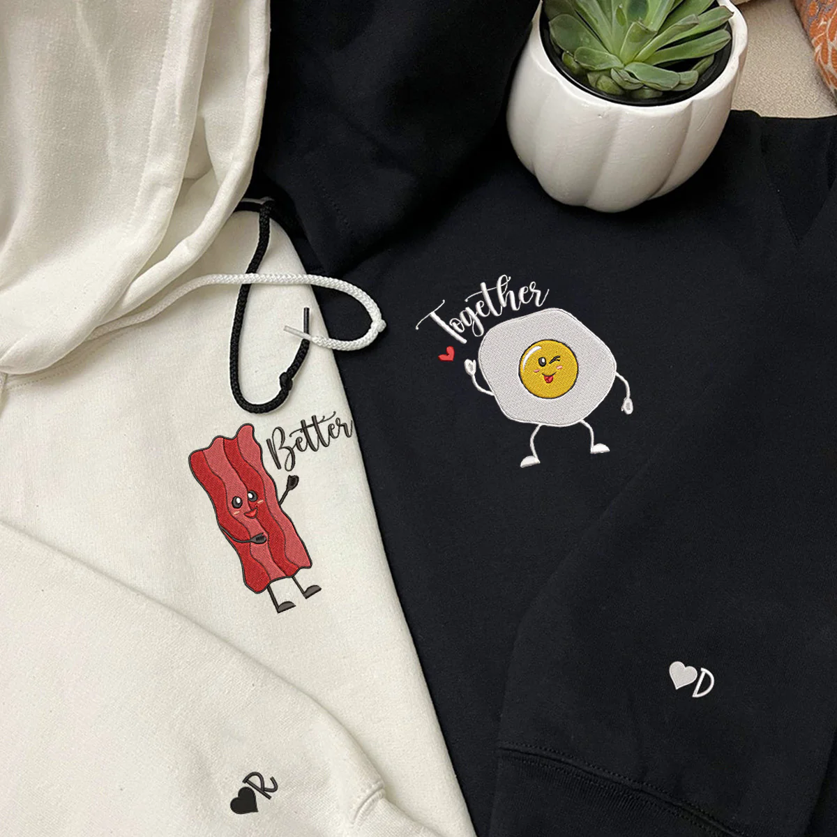 Custom Matching Bacon And Egg Embroidered Hoodie for Couples - Image 2