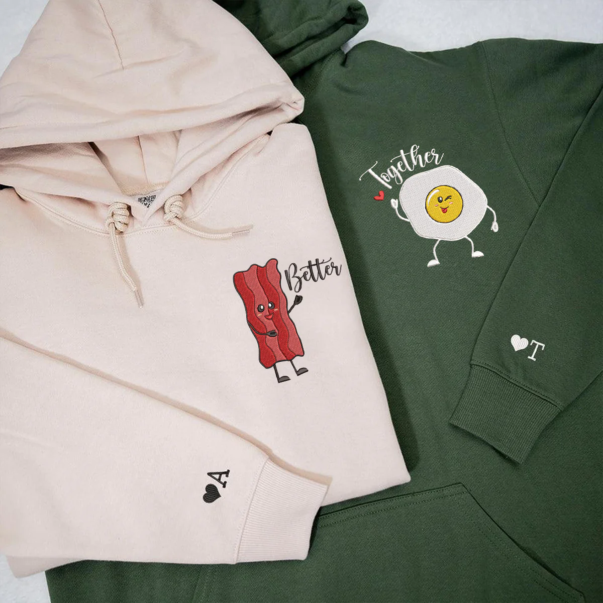Custom Matching Bacon And Egg Embroidered Hoodie for Couples - Image 3
