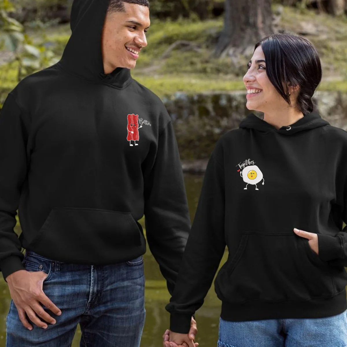 Custom Matching Bacon And Egg Embroidered Hoodie for Couples - Image 4