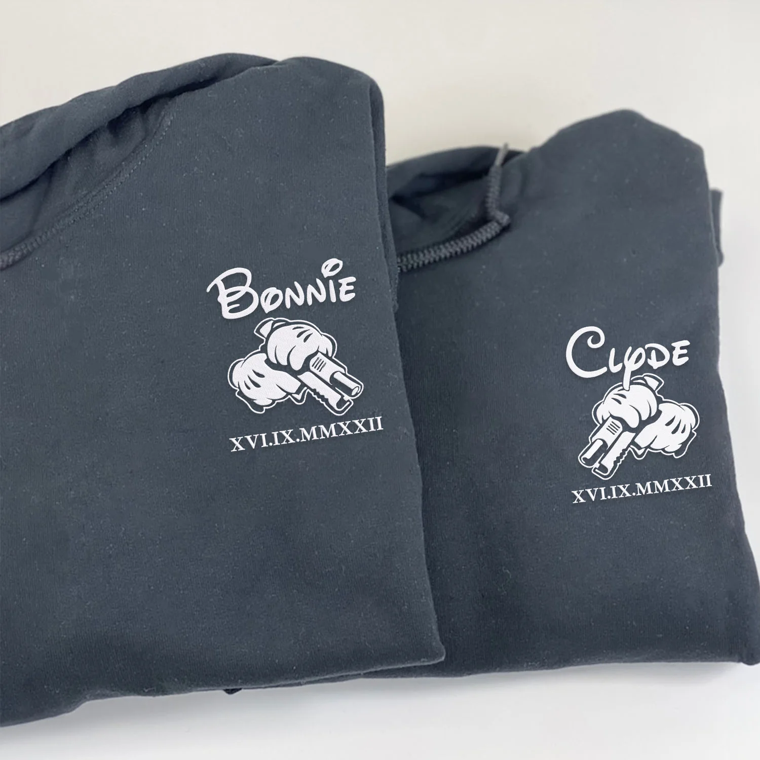 Embroidered Bonnie and Clyde Matching Sets Hoodies with Roman Numerals - Image 3