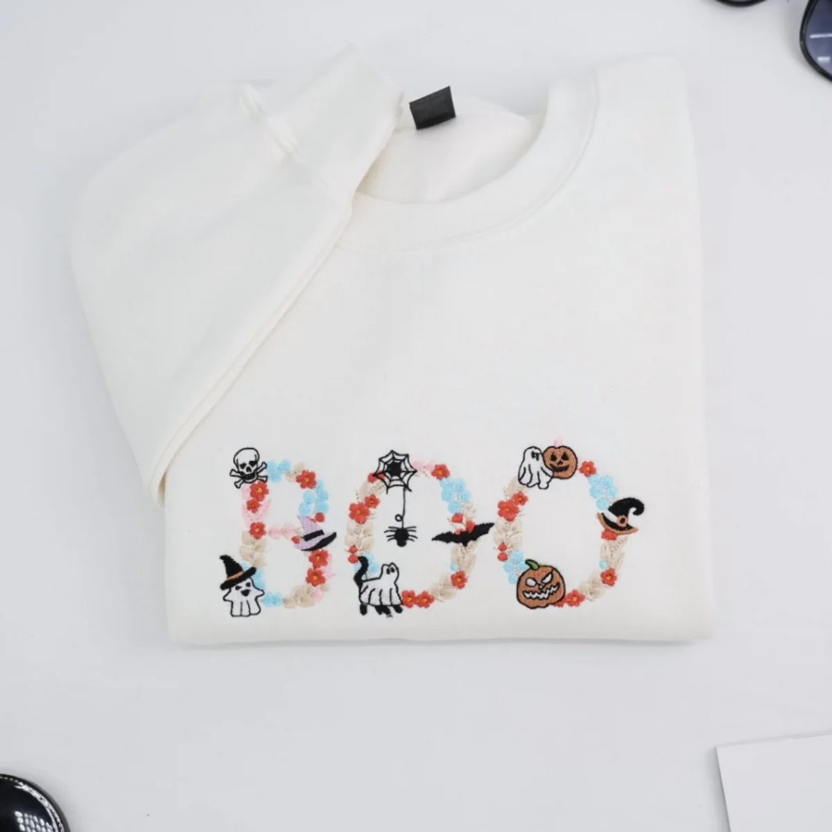 BOO Halloween Custom Hoodie - Embroidered Spooky Floral Design - Halloween Party Gift