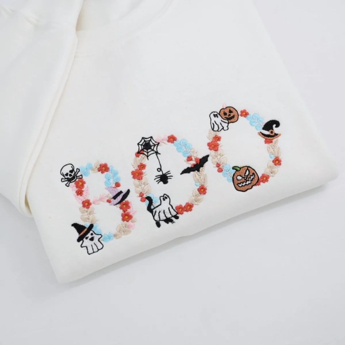 BOO Halloween Custom Hoodie - Embroidered Spooky Floral Design - Halloween Party Gift - Image 3
