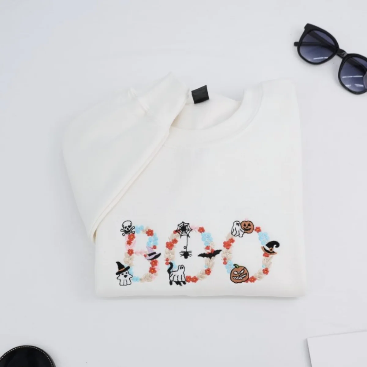 BOO Halloween Custom Hoodie - Embroidered Spooky Floral Design - Halloween Party Gift - Image 4