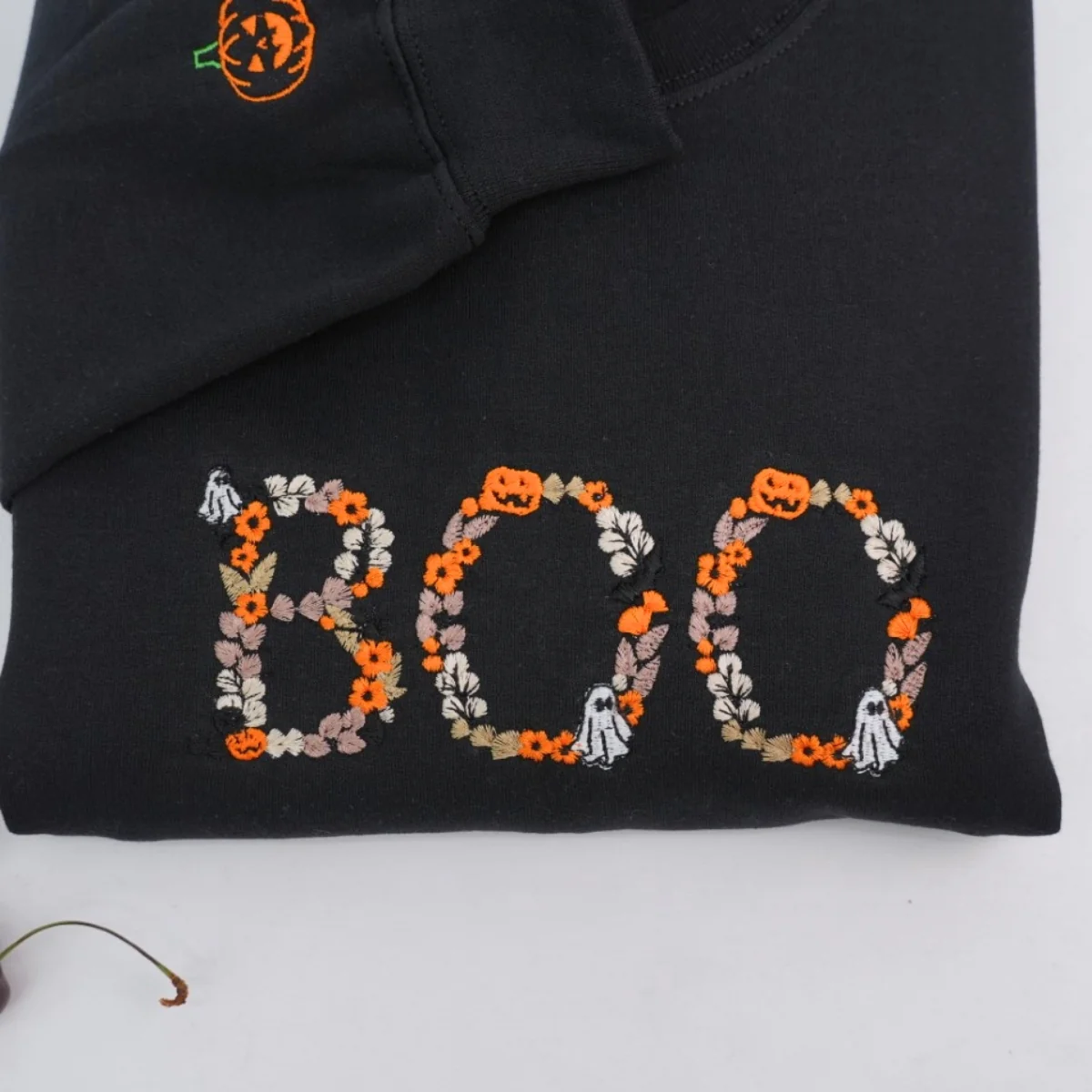 BOO Halloween Custom Hoodie - Embroidered Spooky Floral Design - Halloween Party Gift - Image 7