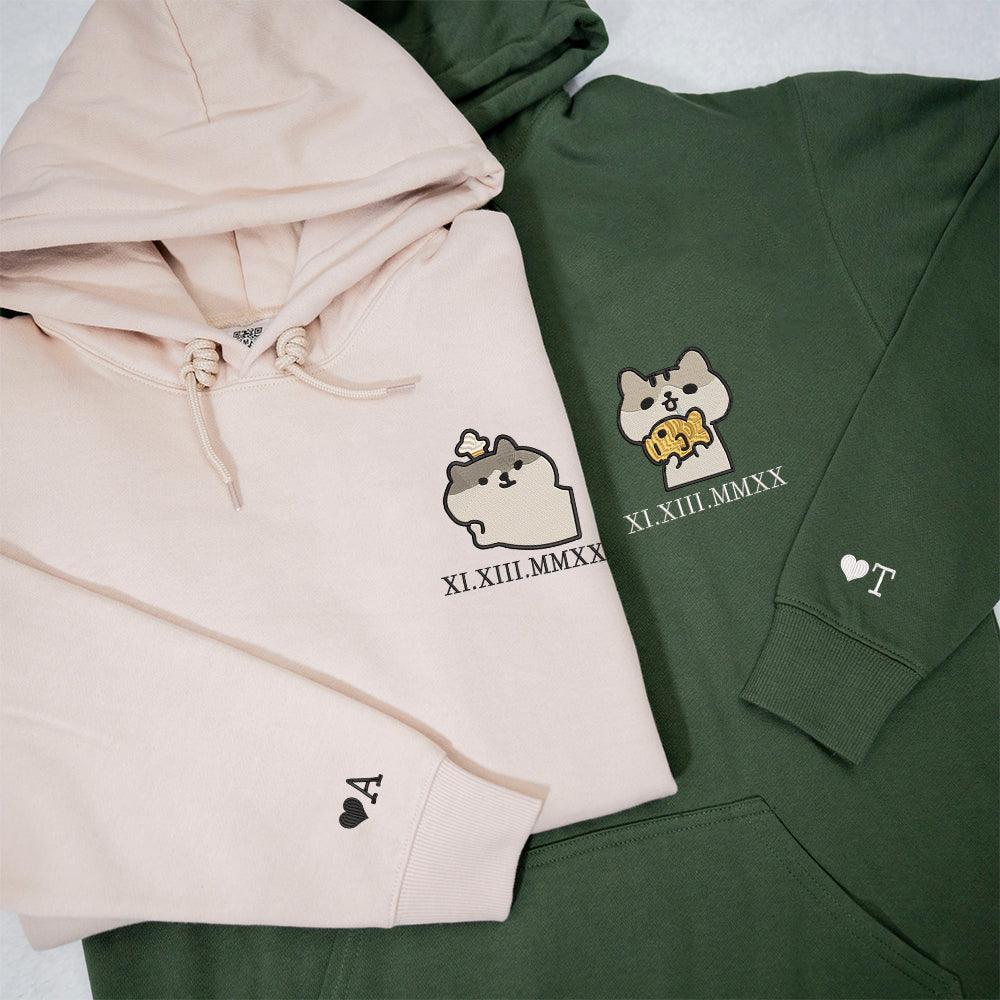 Cat Cute Custom Roman Numeral Matching Embroidered Hoodies For Couples - Image 3
