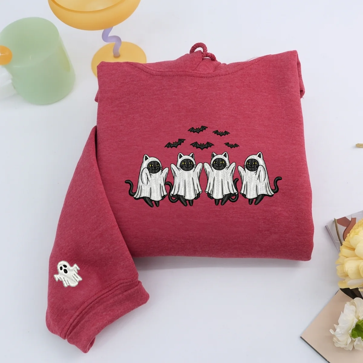 Cat Ghost Halloween Hoodie - Pet Lover Embroidered Sweatshirt - Perfect Cat Mom Halloween Gift - Image 2