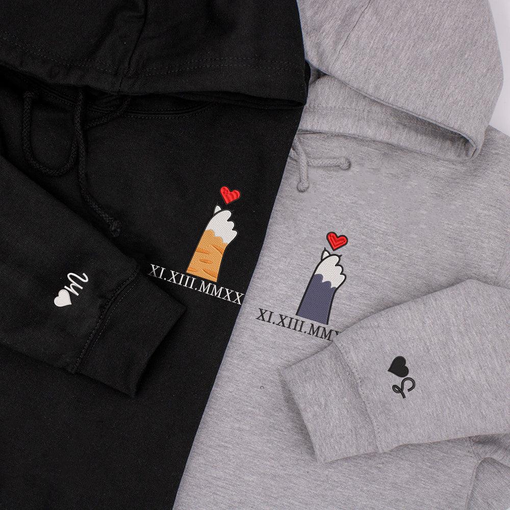 Cat Paw Heart Custom Roman Numeral Matching Embroidered Hoodies For Couples - Image 3