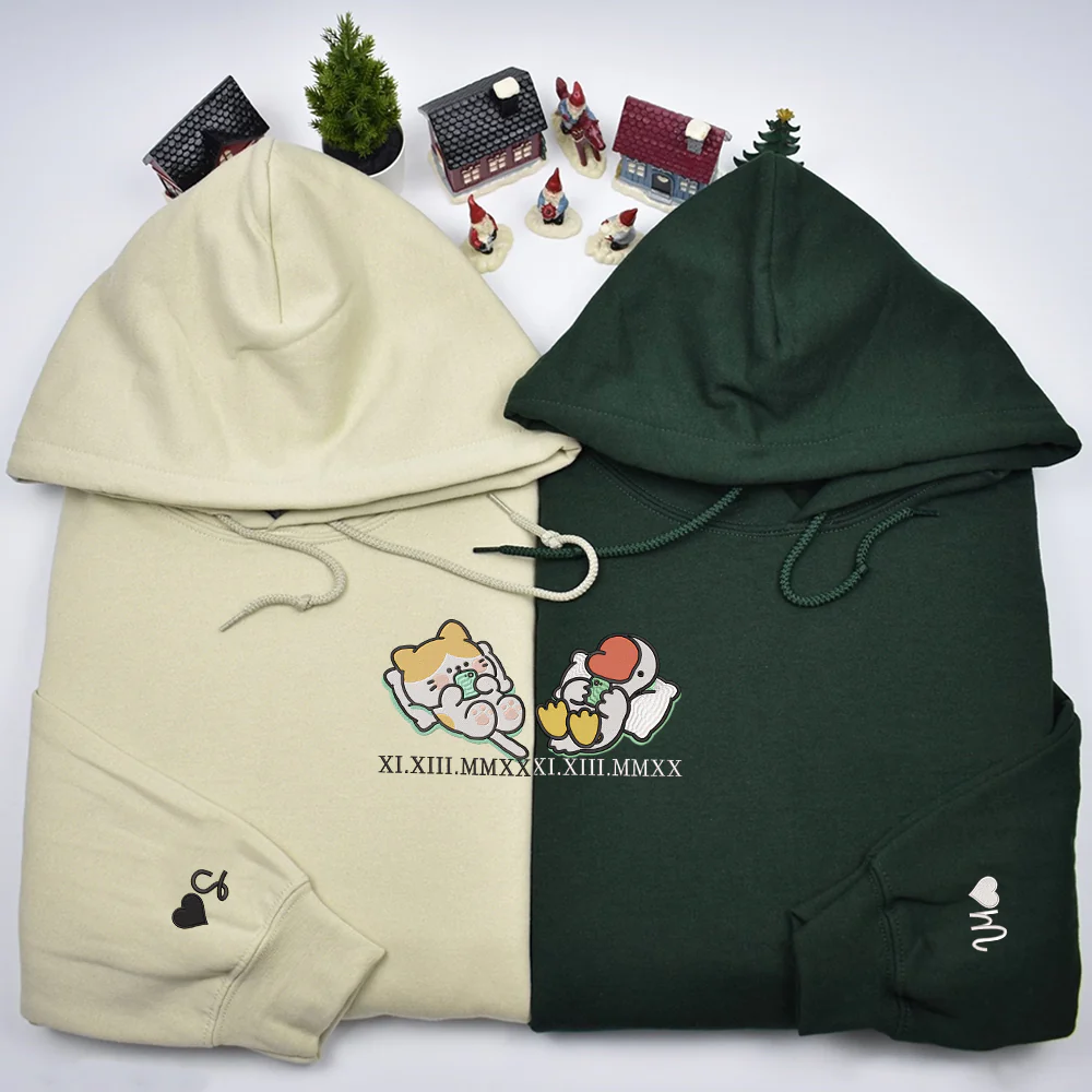 Cat x Cute Goose Custom Roman Numeral Matching Embroidered Hoodies For Couples - Image 2