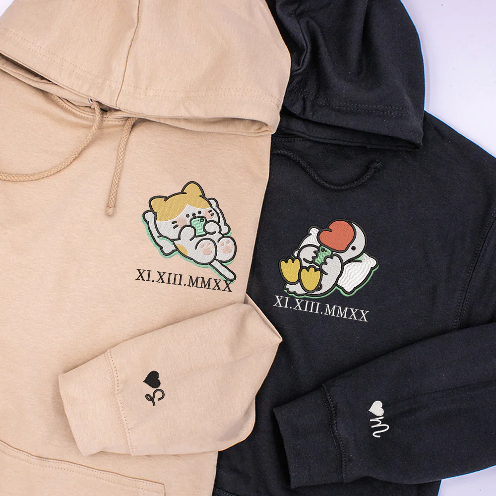 Cat x Cute Goose Custom Roman Numeral Matching Embroidered Hoodies For Couples - Image 3