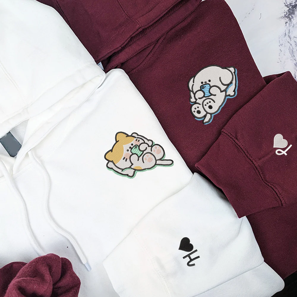 Cat x Dog Custom Embroidered Matching Hoodies For Couples - Image 3
