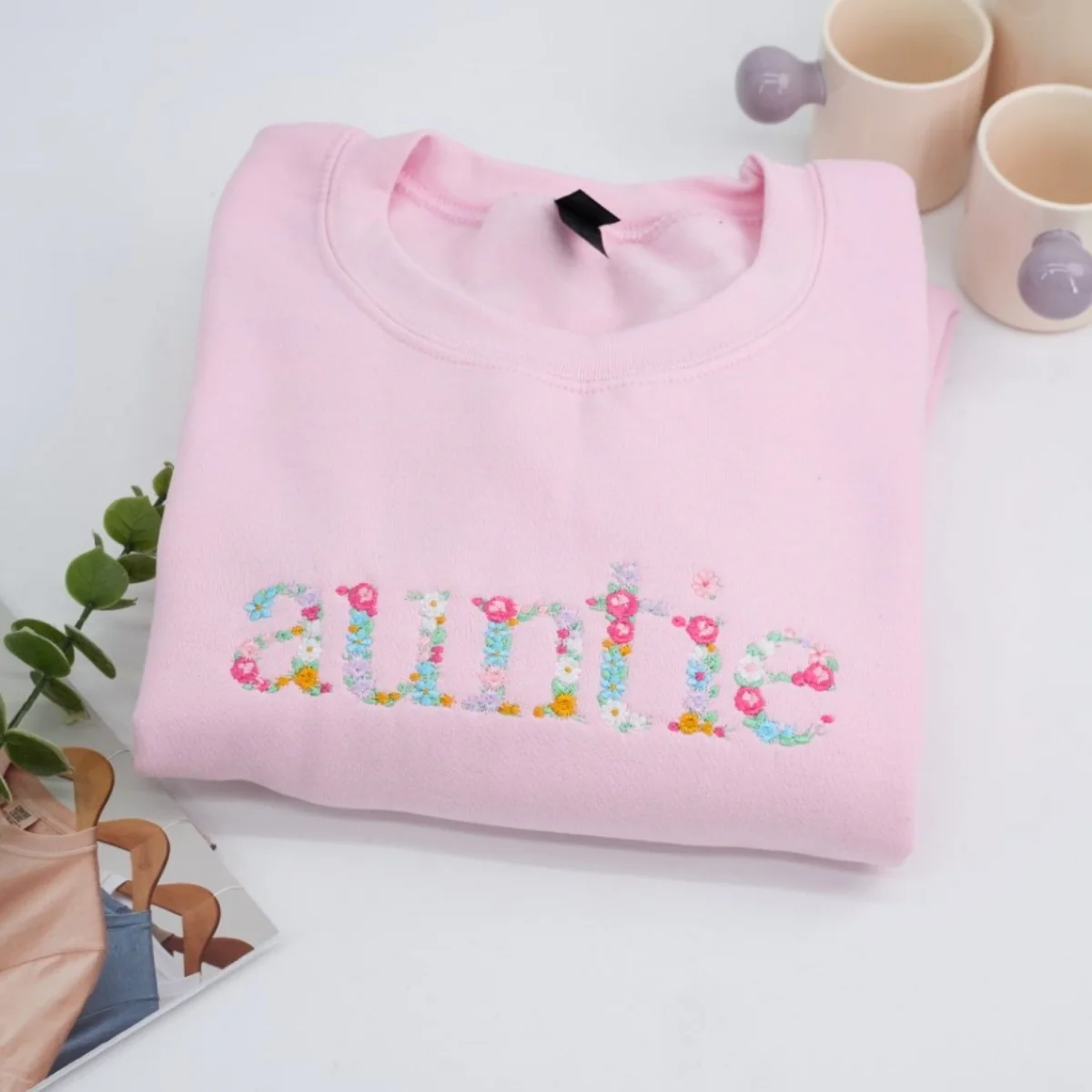 Custom Auntie Floral Sweatshirt - Aunt Embroidered Flower Letter Design - Perfect New Aunt Gift - Image 2