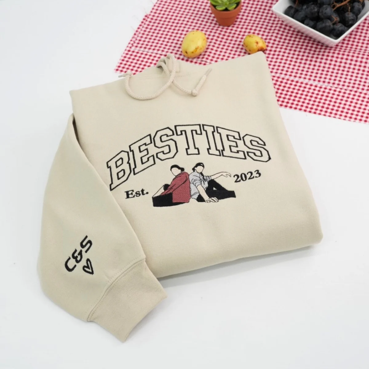 Custom Best Friends Portrait Sweatshirt - Besties Embroidered Varsity Hoodie - Duo Friendship Gift EST Date - Image 2