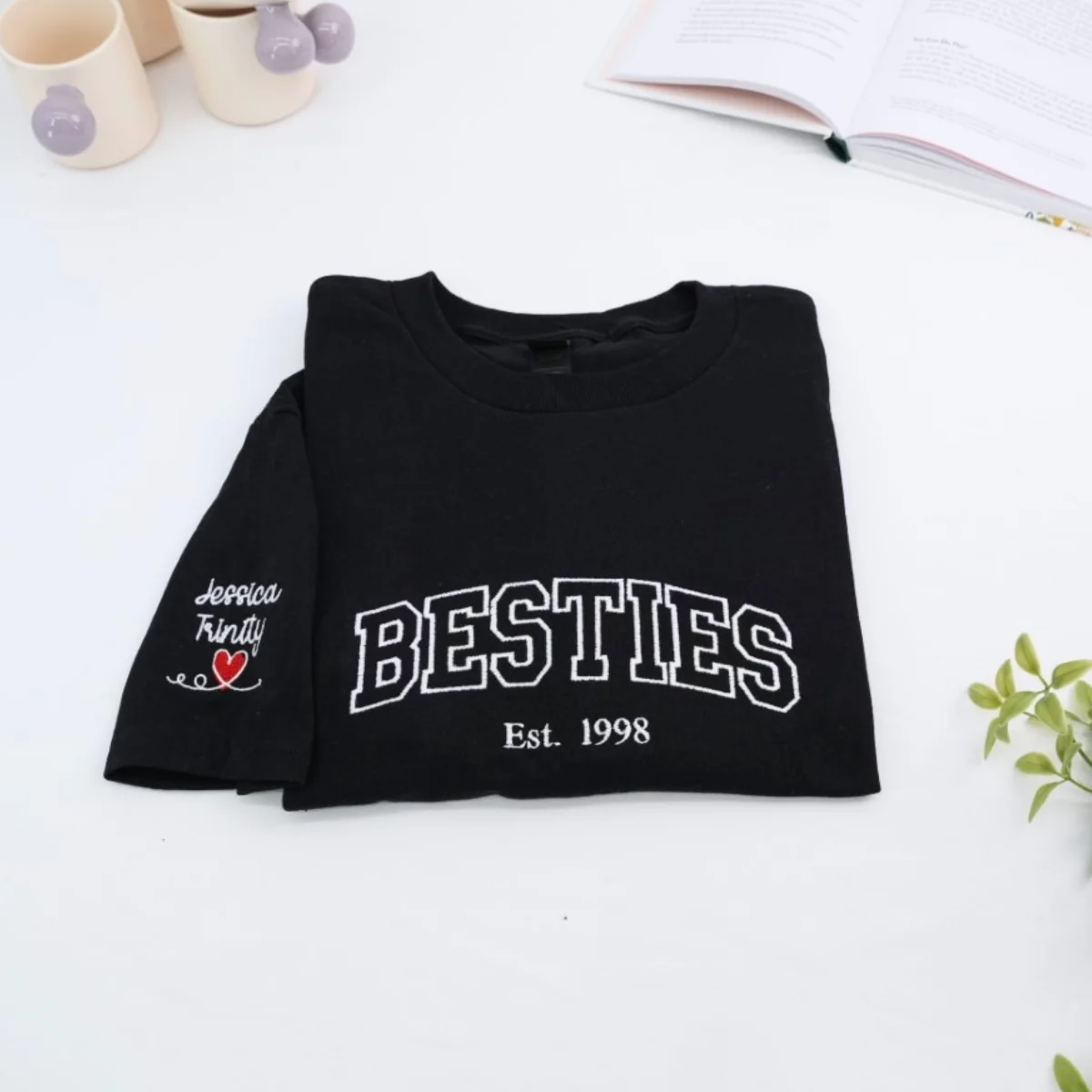 Custom Besties T-Shirt - Varsity Style Best Friends Embroidered Shirt - Personalized Friendship Gift