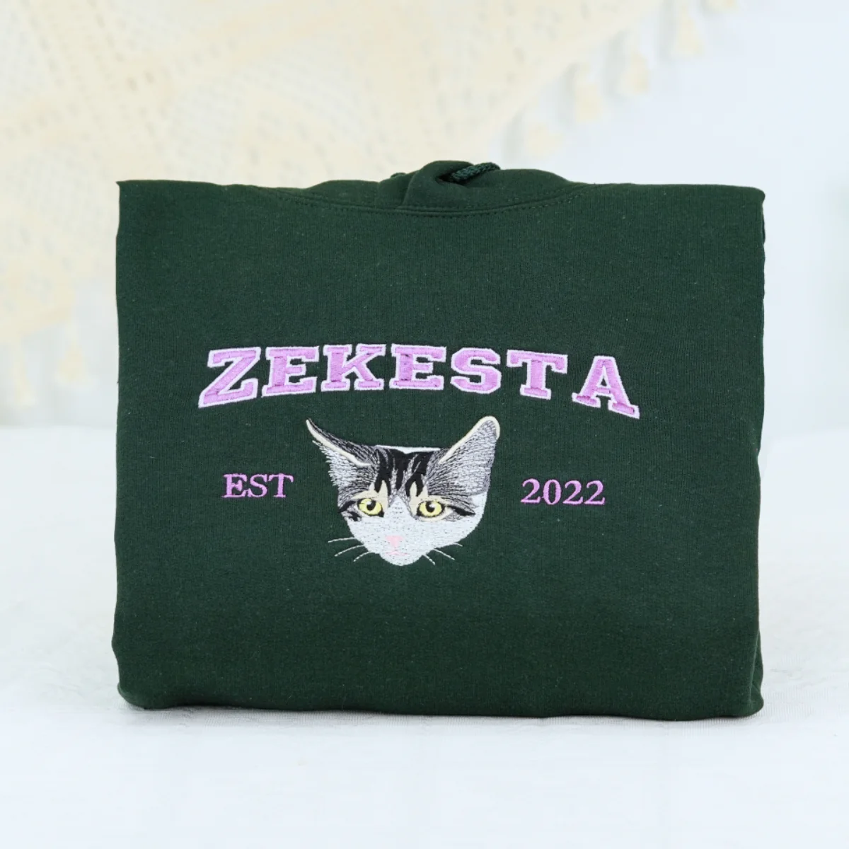 Custom Cat Portrait Varsity Hoodies - Personalized Pet Name Embroidered Sweatshirts - Cat Lover Gift - Image 3