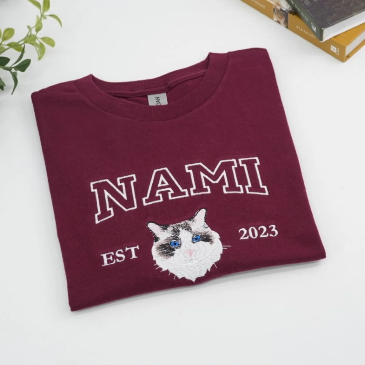 Custom Cat Portrait T-Shirts - Personalized Pet Face Embroidered Varsity Style - Cat Memorial Gift - Image 2