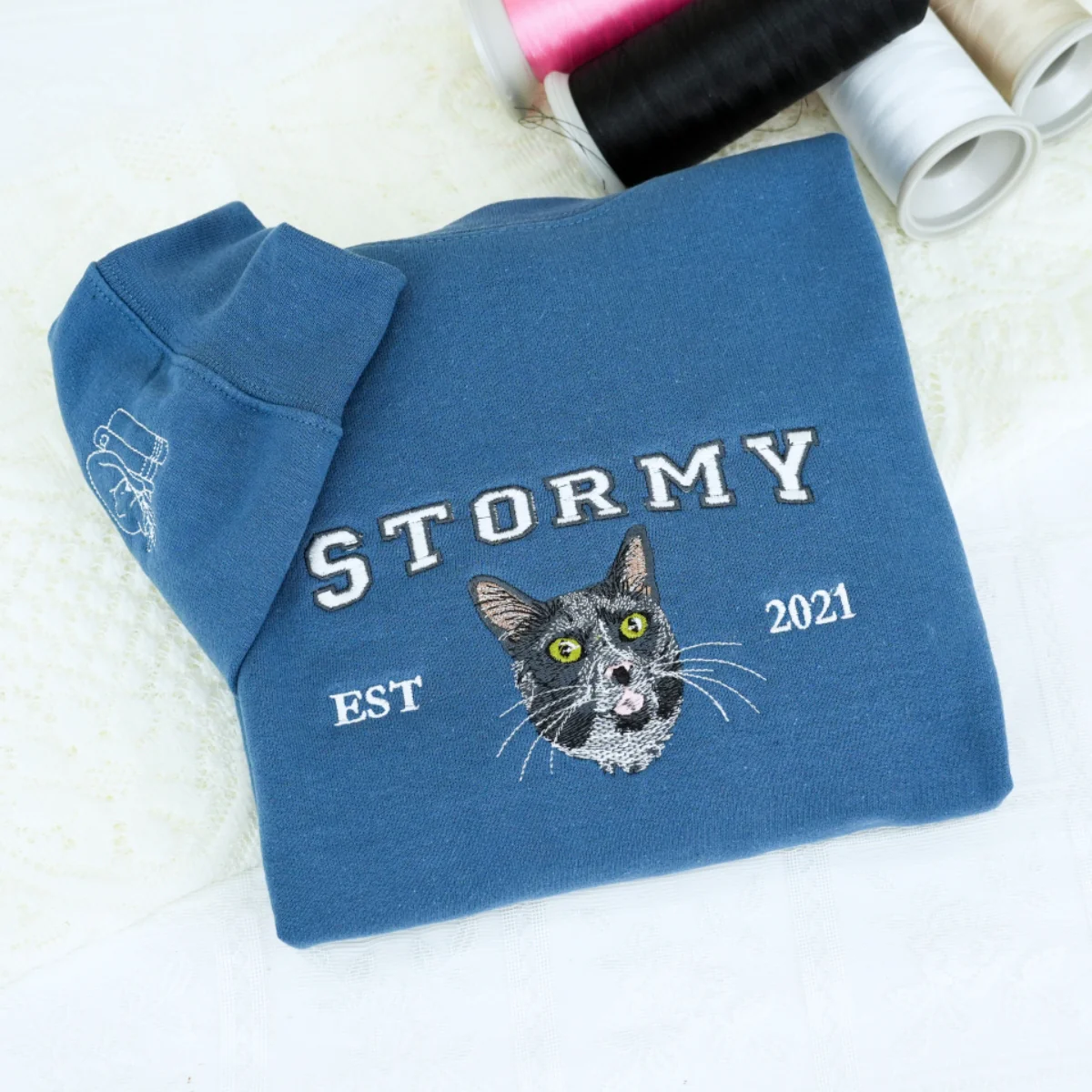 Custom Cat Portrait Varsity Hoodies - Pet Face Embroidered Sweatshirts - Personalized Cat Lover Gift - Image 5
