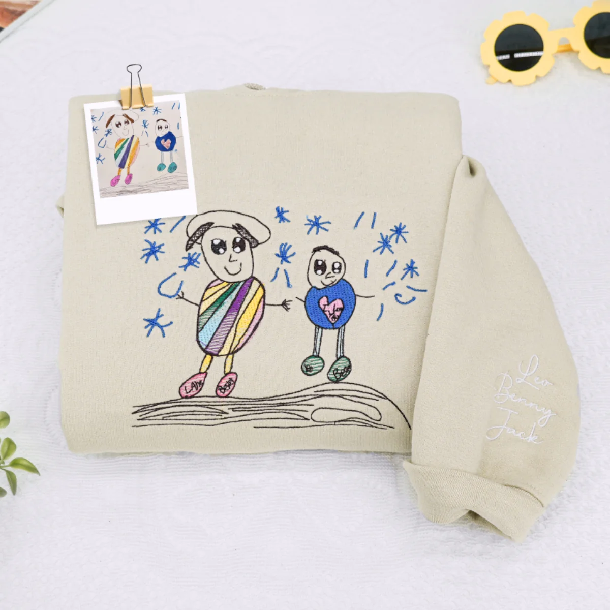 Custom Child Family Drawing Embroidered Sweatshirts - Kids Artwork to Embroidery Hoodies - Perfect Family Keepsake