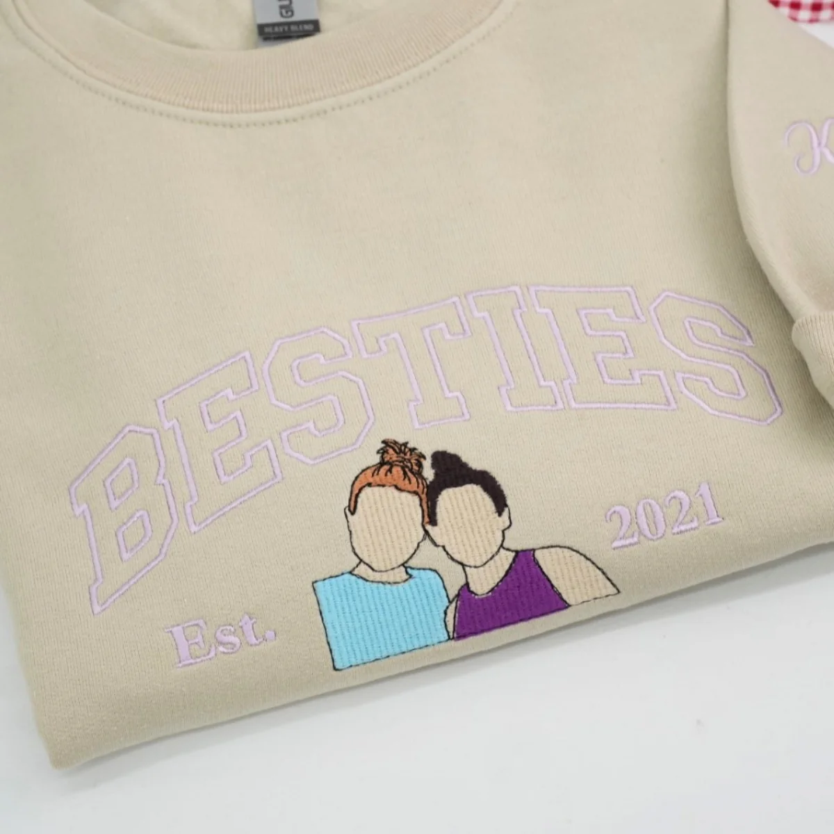 Custom Childhood Friends Portrait Sweatshirt - Besties Embroidered Varsity Hoodie - Longtime Friendship Gift EST Date - Image 2