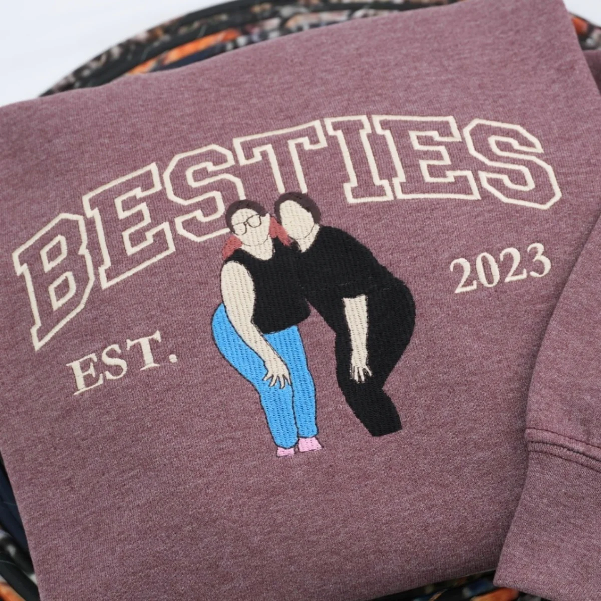 Custom Childhood Friends Portrait Sweatshirt - Besties Embroidered Varsity Hoodie - Longtime Friendship Gift EST Date - Image 5