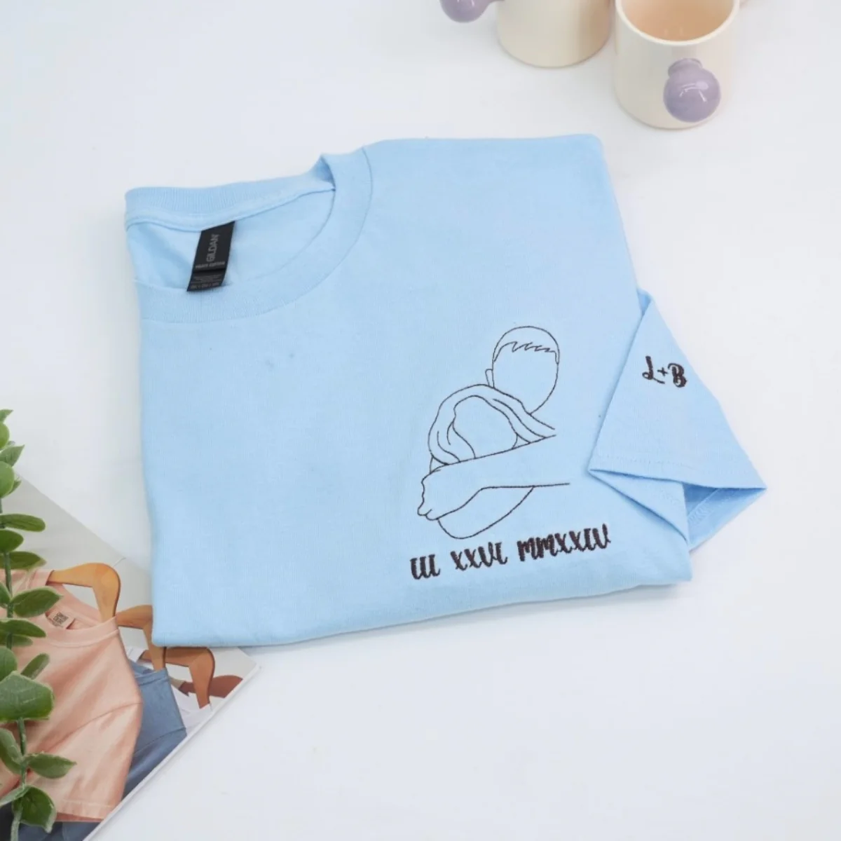 Custom Couple Photo T-Shirts - Outline Style Portrait Embroidered Apparel - Perfect Anniversary Gift - Image 4