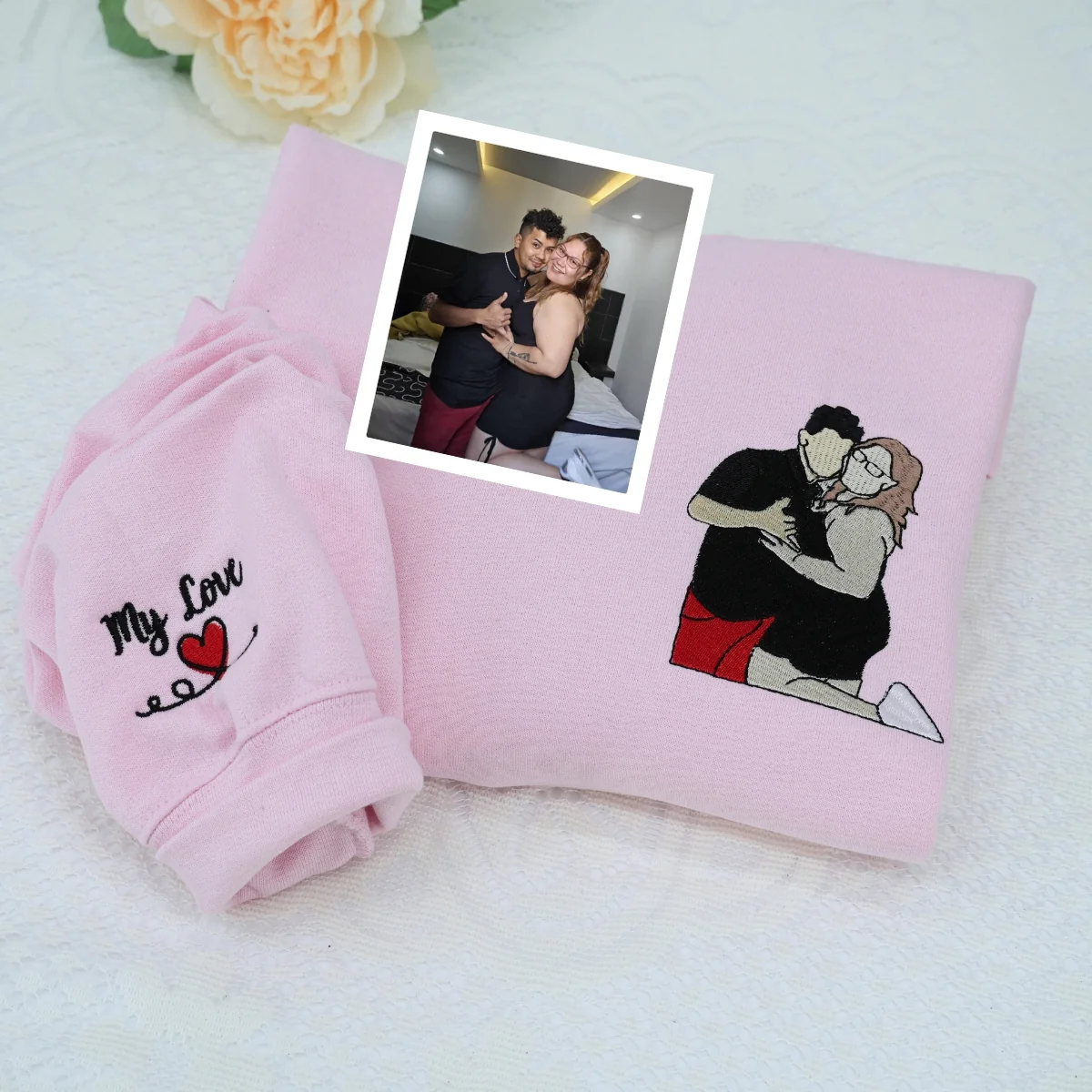 Custom Couple Portrait Hoodies - Anniversary Embroidered Sweatshirts - Personalized Roman Numeral Date Gift - Image 7