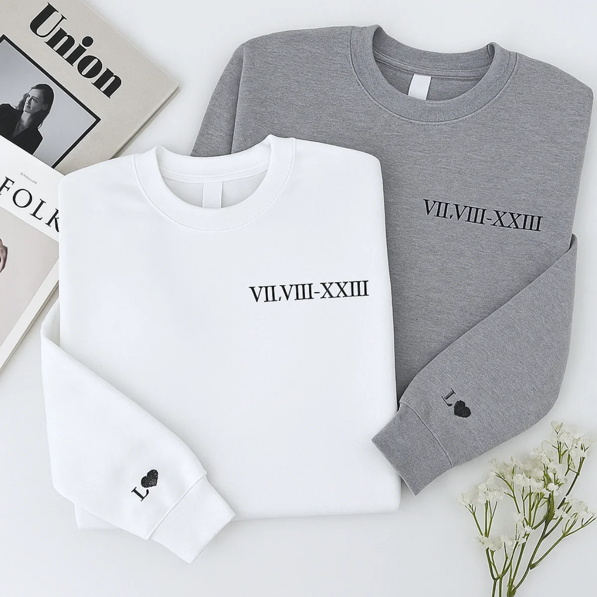 Custom Couples Crewneck Sweatshirts - Matching Roman Date Embroidered - Anniversary Valentine's Gift - Image 2