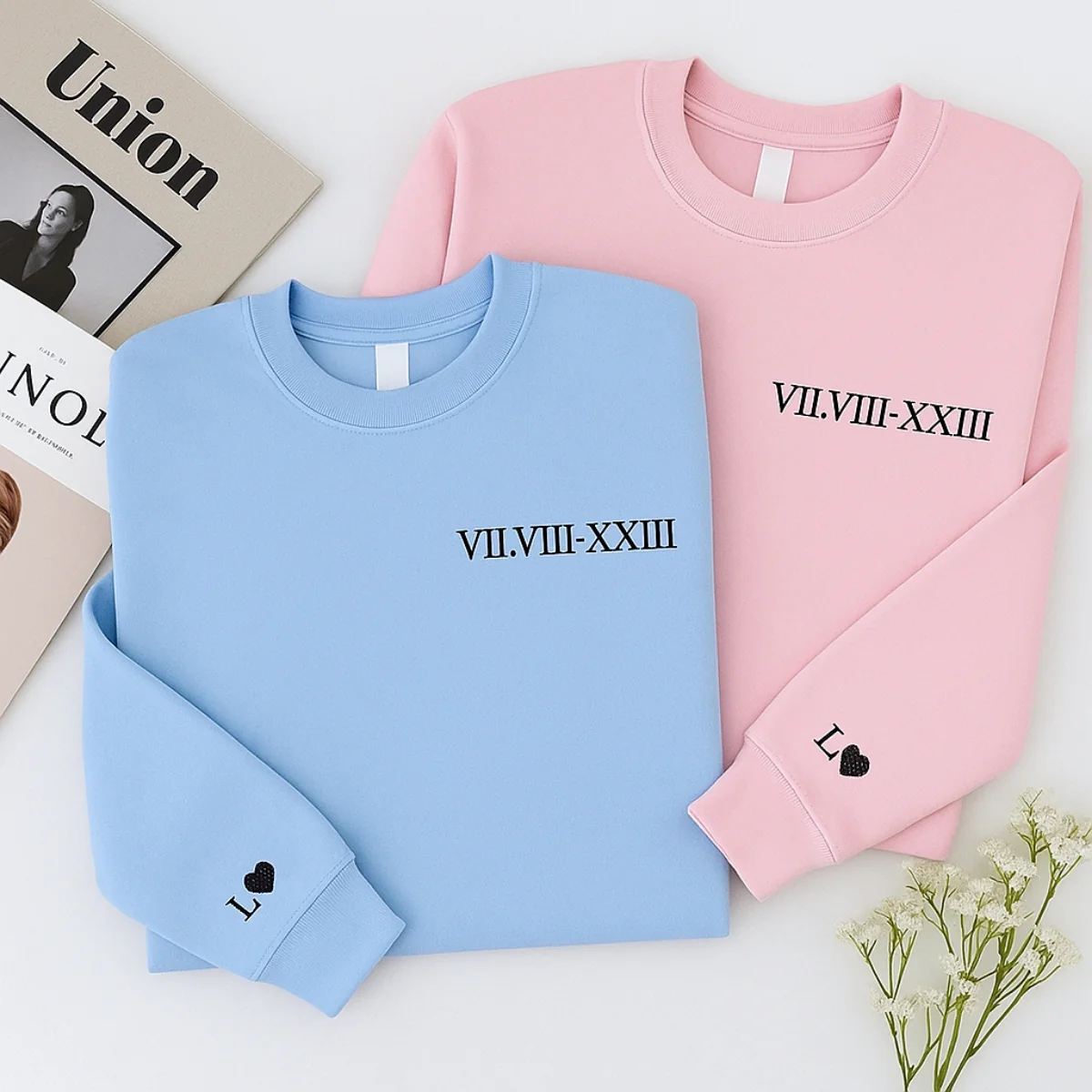 Custom Couples Crewneck Sweatshirts - Matching Roman Date Embroidered - Anniversary Valentine's Gift - Image 5