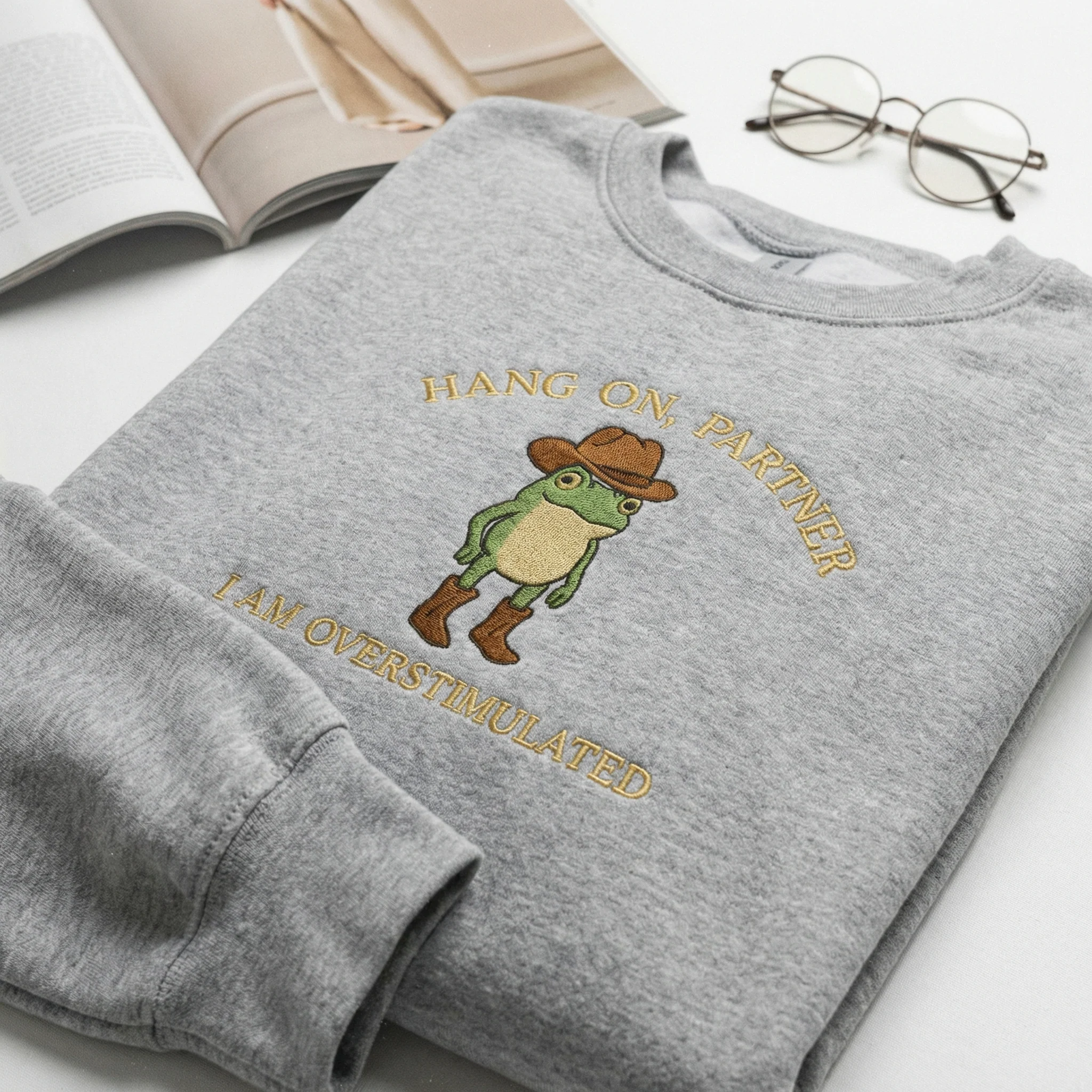 Custom Cowboy Frog Embroidery Hoodie - Overstimulated Weirdcore Gen Z Sweatshirt - Image 4