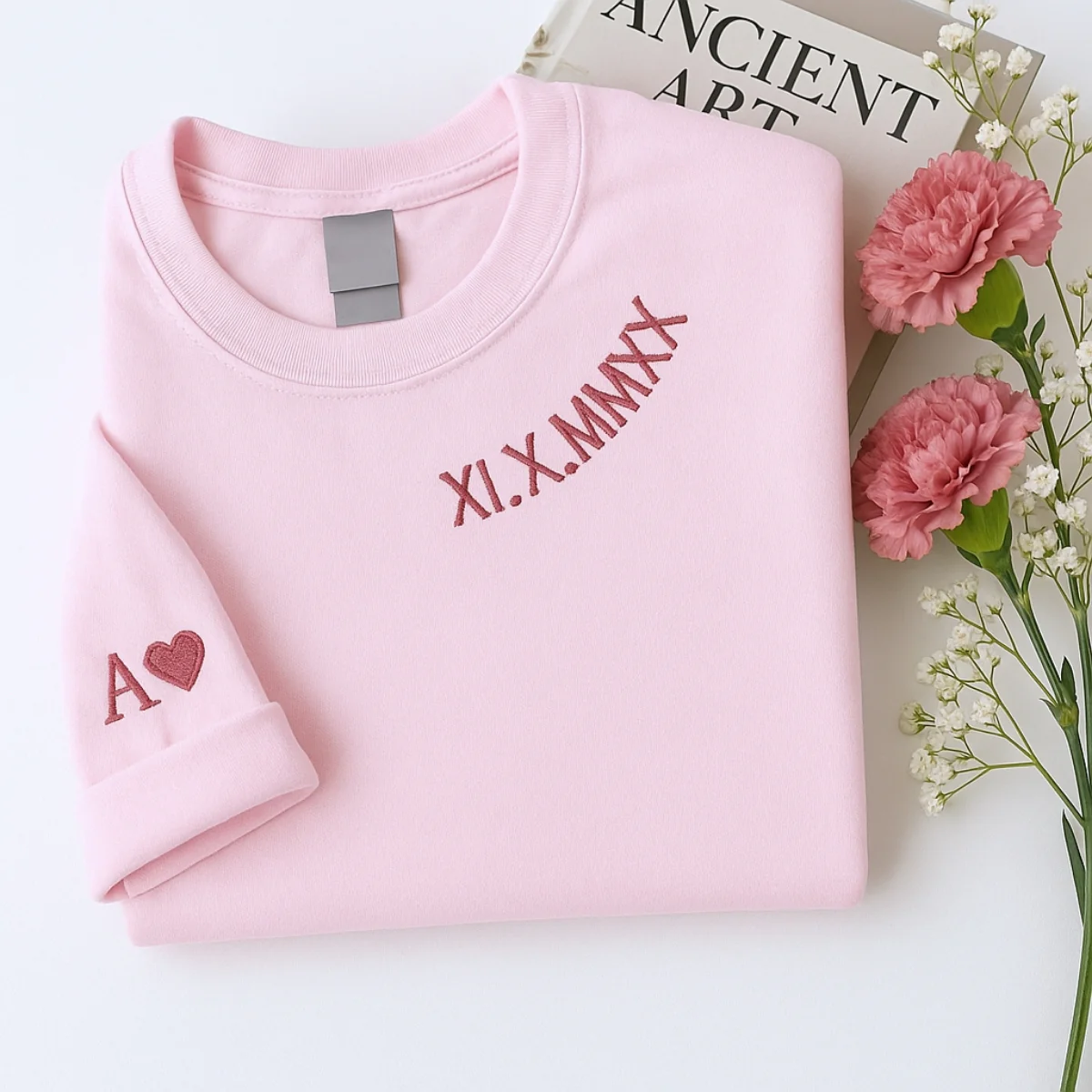 Custom Date Hoodies - Roman Numeral Pink Couples Embroidered Sweatshirts - Anniversary Gift - Image 2