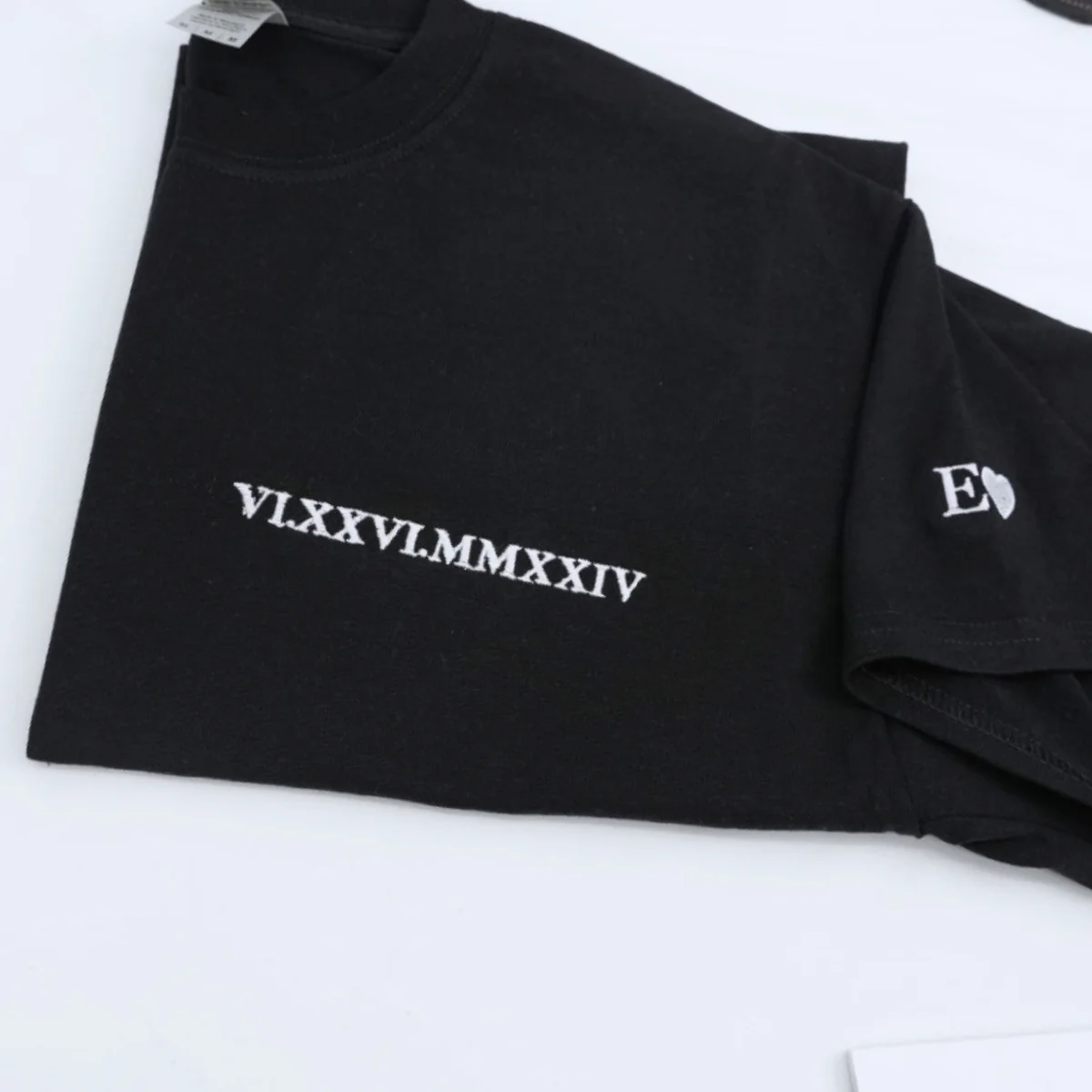 Custom Date Roman Numeral T-Shirt - Embroidered Anniversary Couple Shirt - Perfect Wedding Gift - Image 5
