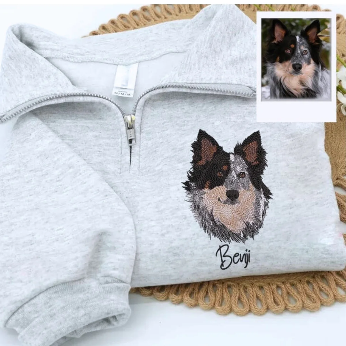 Custom Dog Photo Embroidery Quarter Zip with Flowers - Pet Portrait from Picture - Floral Memorial Gift - Image 2