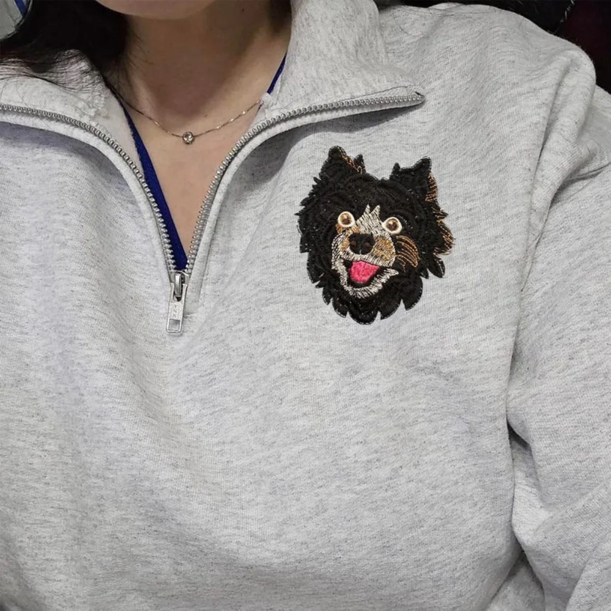 Custom Dog Photo Embroidery Quarter Zip with Flowers - Pet Portrait from Picture - Floral Memorial Gift - Image 3