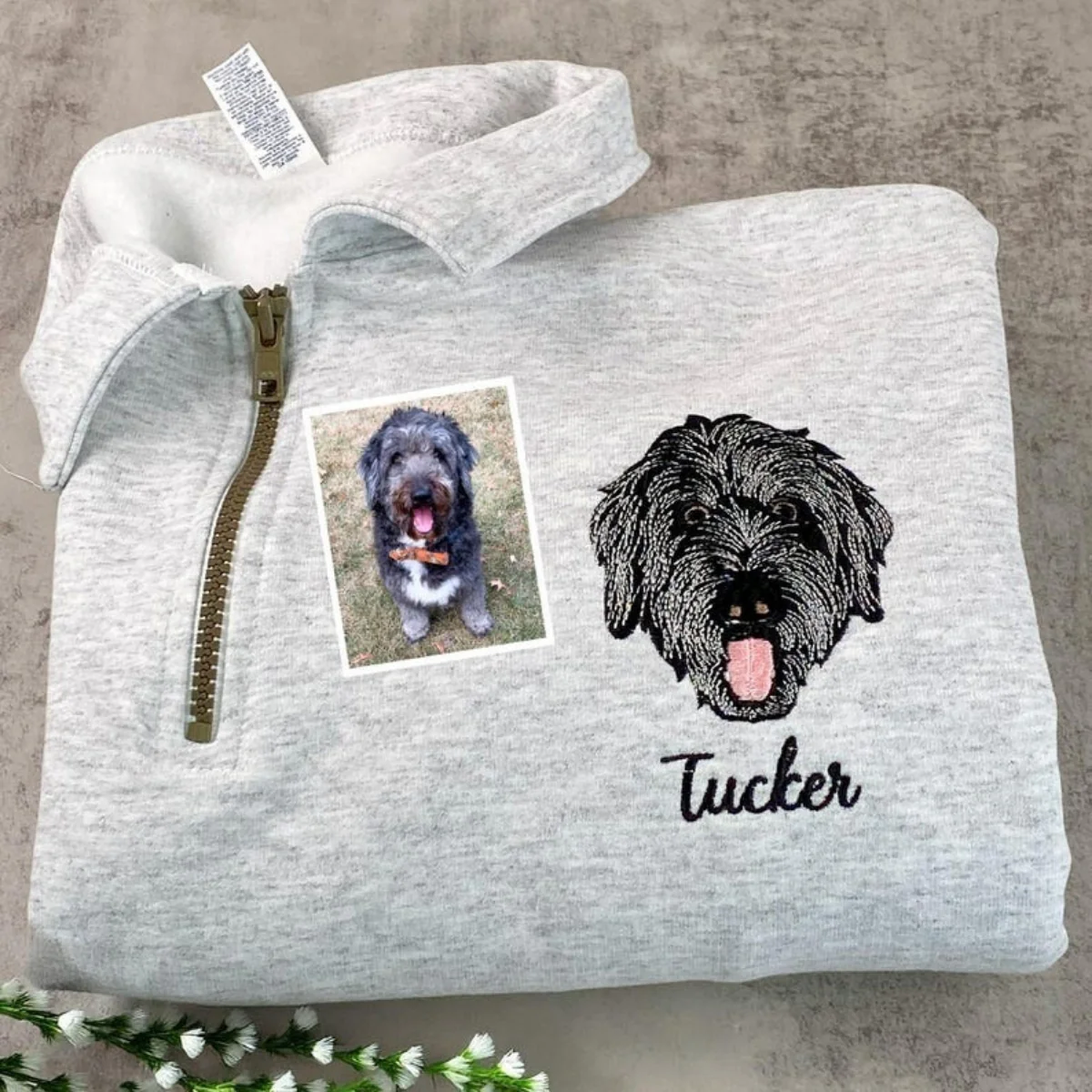 Custom Dog Photo Embroidery Quarter Zip with Flowers - Pet Portrait from Picture - Floral Memorial Gift - Image 5