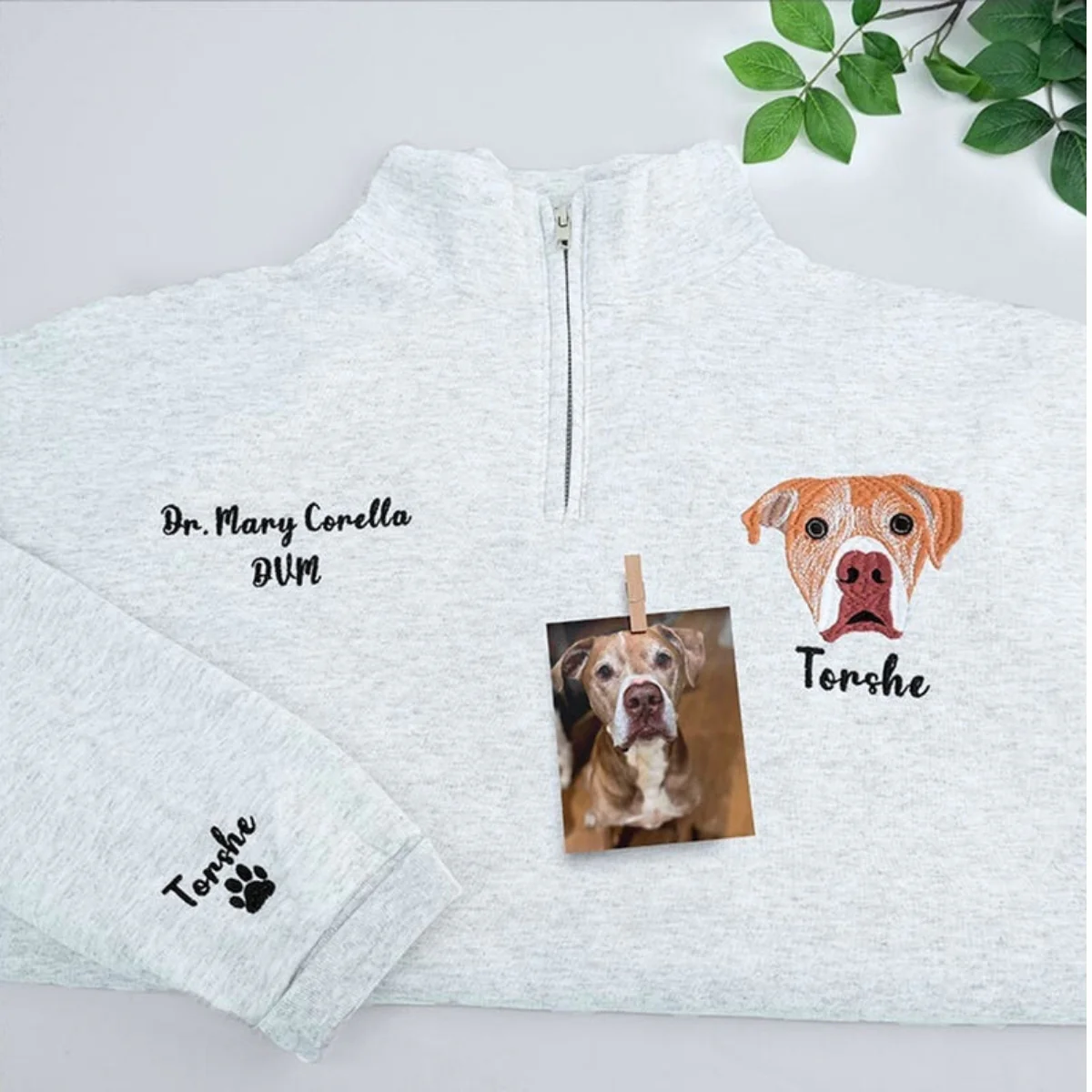 Custom Dog Photo Embroidery Quarter Zip with Flowers - Pet Portrait from Picture - Floral Memorial Gift - Image 7