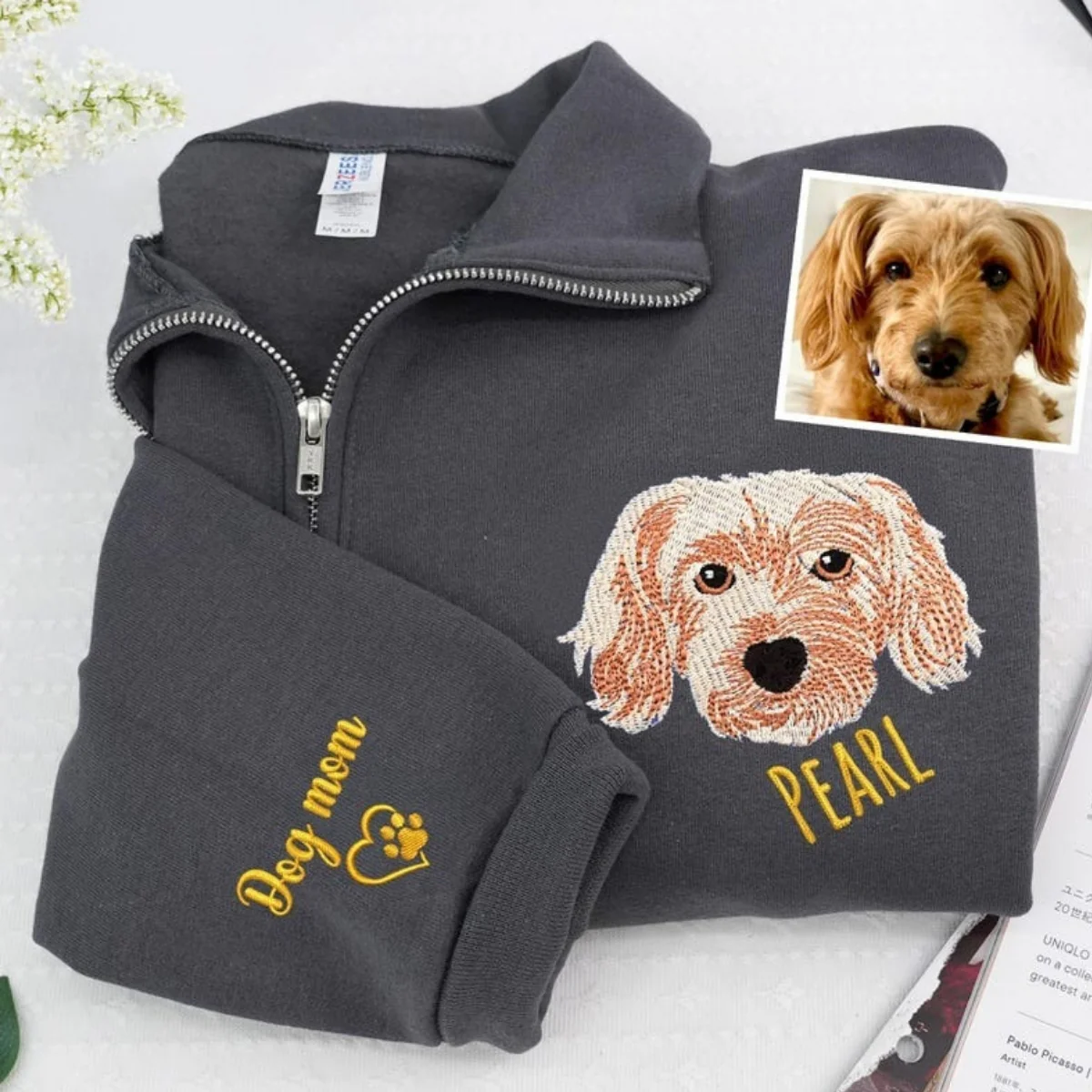 Custom Dog Photo Embroidery Quarter Zip - Pet Portrait from Picture - Personalized Memorial Gift - Image 3