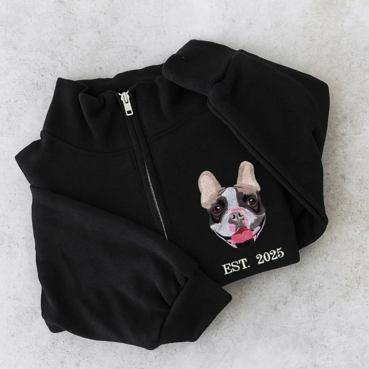 Custom Dog Portrait Quarter Zip with EST Date - Pet Adoption Embroidered - Gotcha Day Memorial Gift