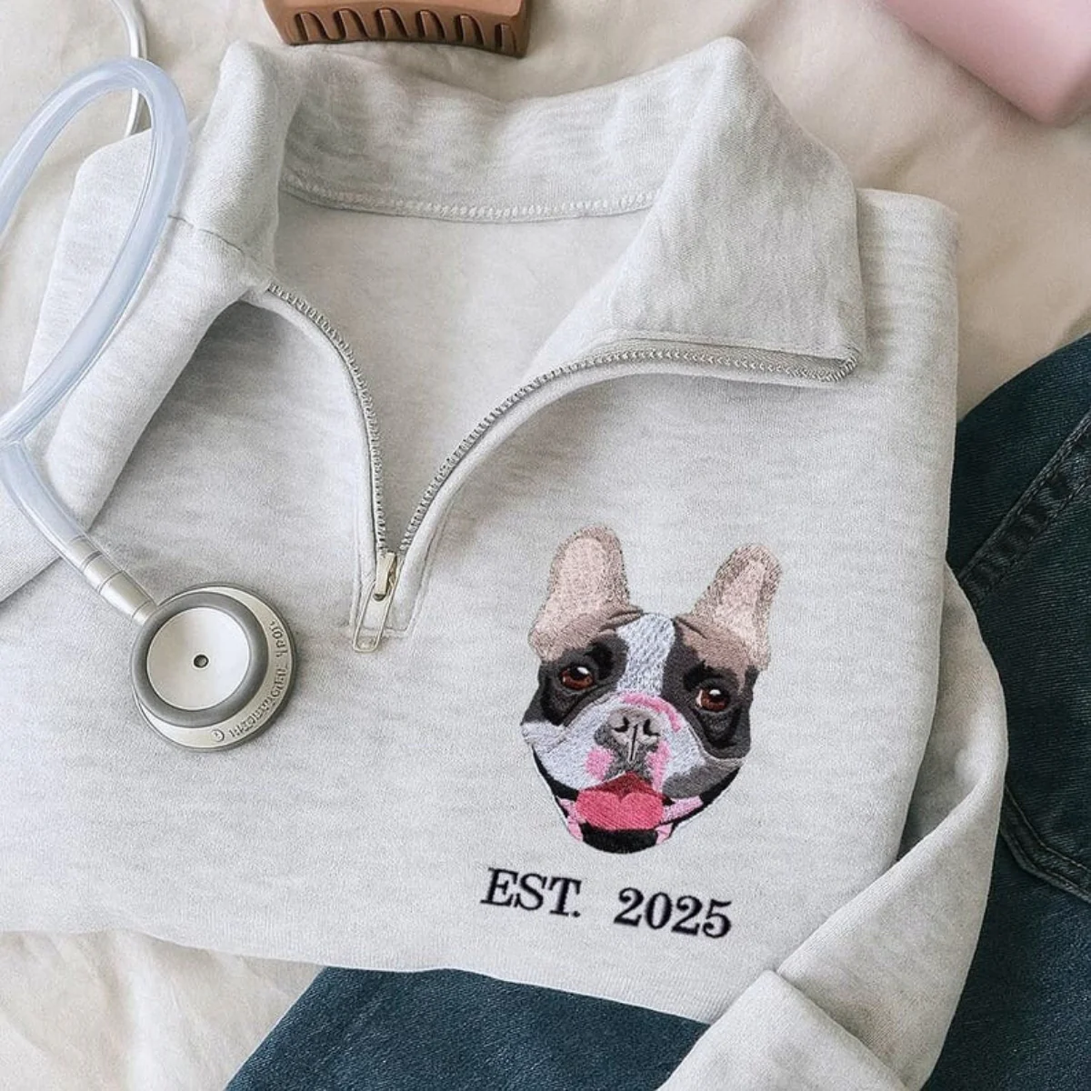 Custom Dog Portrait Quarter Zip with EST Date - Pet Adoption Embroidered - Gotcha Day Memorial Gift - Image 2