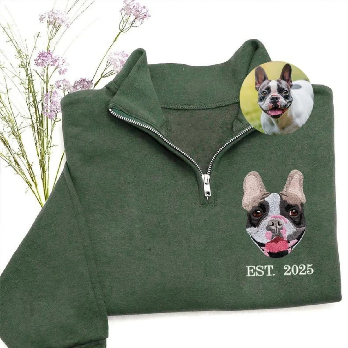 Custom Dog Portrait Quarter Zip with EST Date - Pet Adoption Embroidered - Gotcha Day Memorial Gift - Image 3