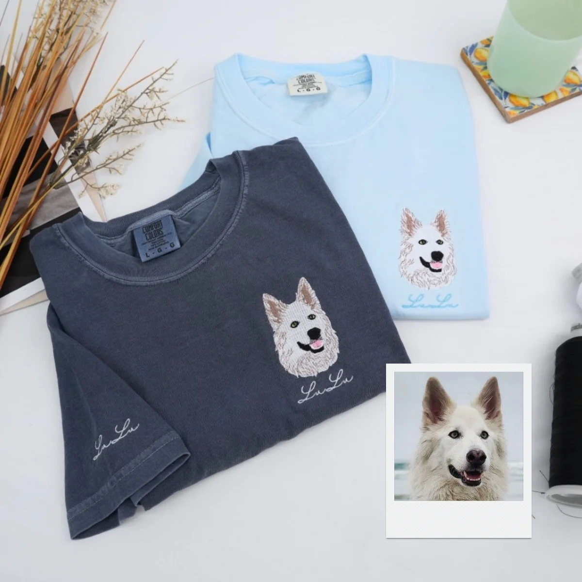 Custom Dog Portrait T-Shirts - Pet Face Embroidery with Name on Sleeve - Personalized Dog Lover Gift