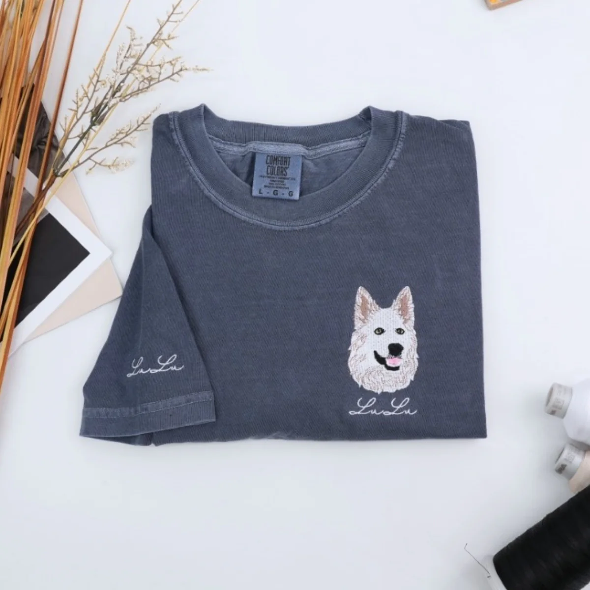 Custom Dog Portrait T-Shirts - Pet Face Embroidery with Name on Sleeve - Personalized Dog Lover Gift - Image 2
