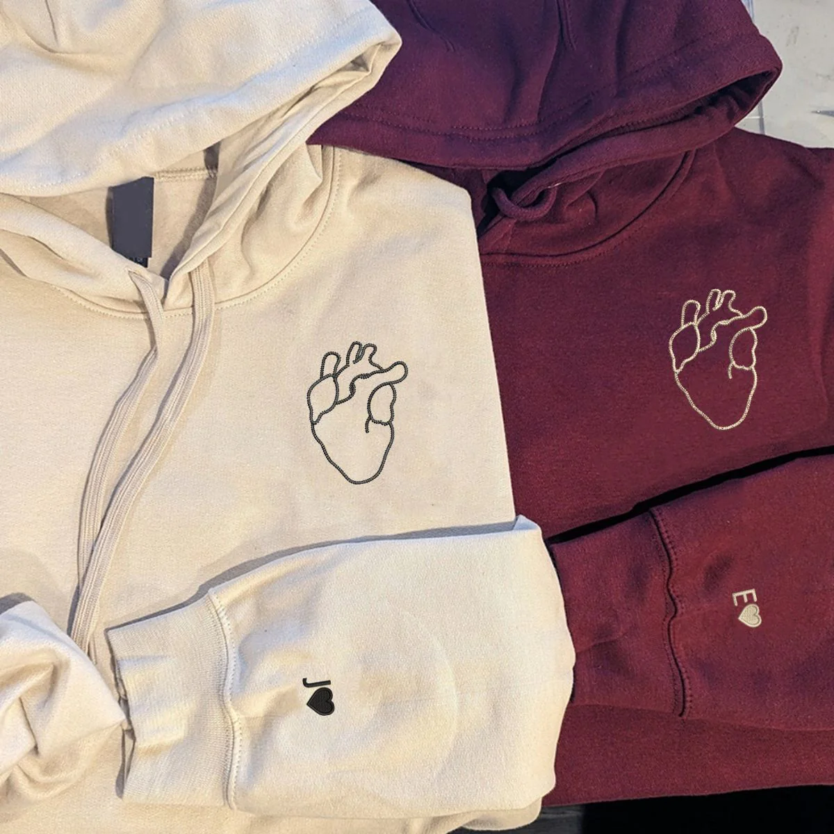 Custom Embroidered Anatomical Heart Matching Hoodies for Couples - Image 3
