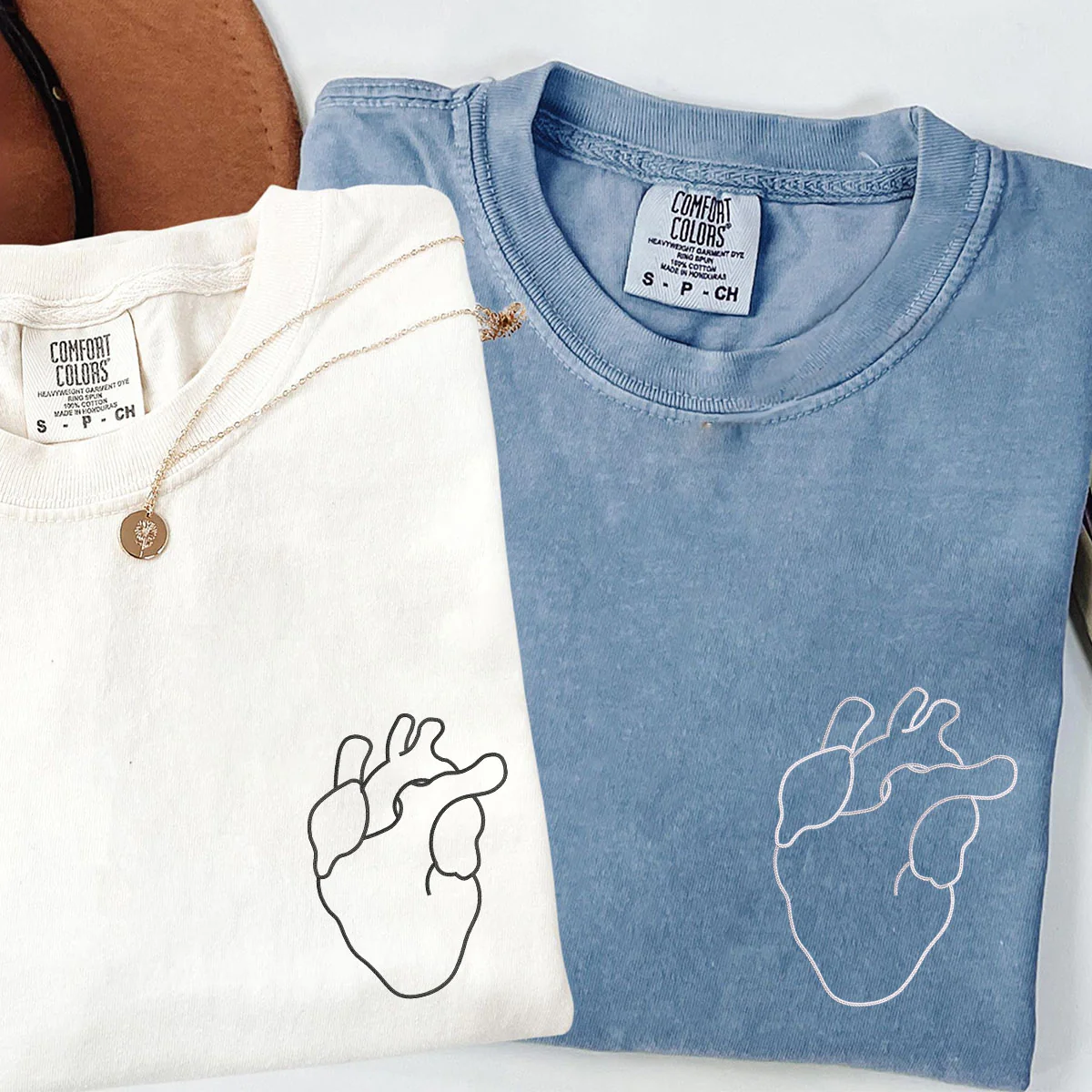 Custom Embroidered Anatomical Heart Matching T-shirts for Couples