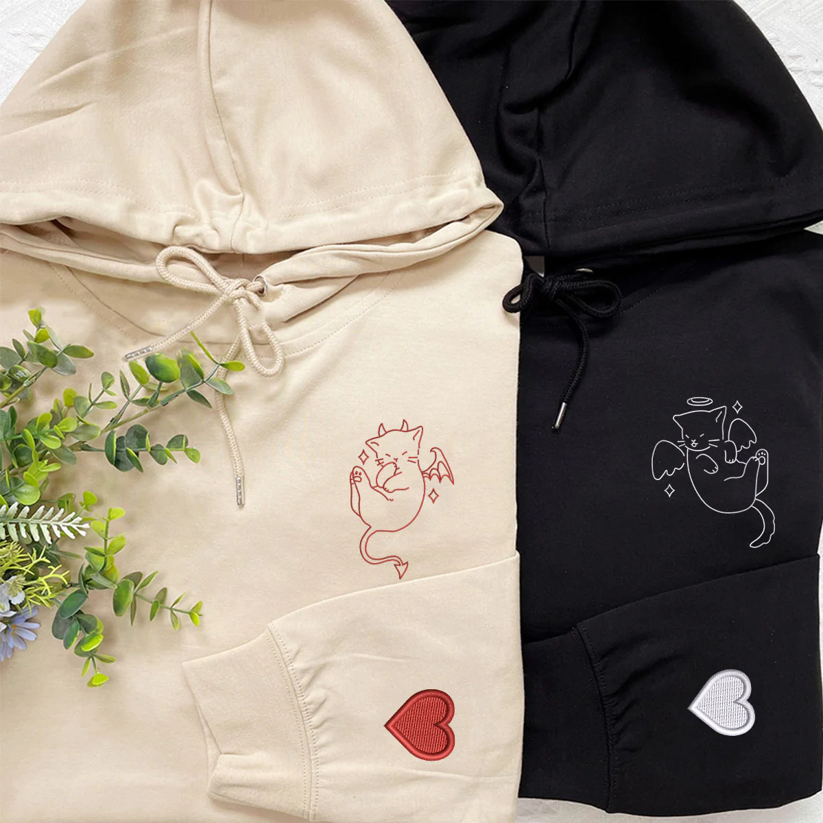 Custom Embroidered Angel and Demon Cat Matching Hoodies for Couples - Image 2