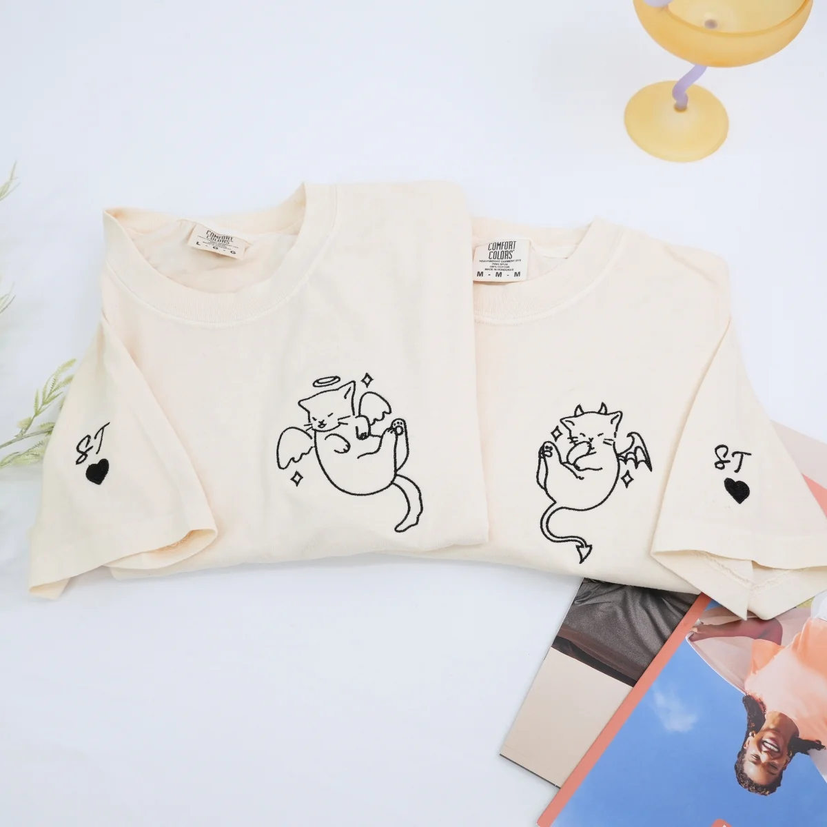 Custom Embroidered Angel and Demon Cat Matching T-shirts for Couples - Image 2