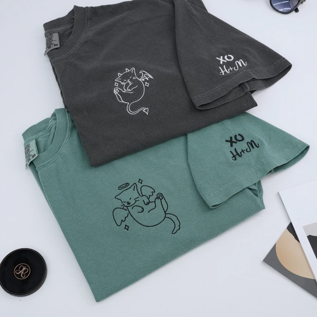Custom Embroidered Angel and Demon Cat Matching T-shirts for Couples - Image 3