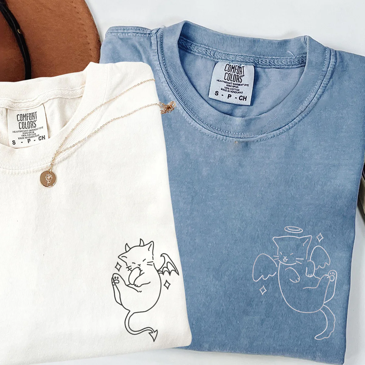 Custom Embroidered Angel and Demon Cat Matching T-shirts for Couples - Image 7