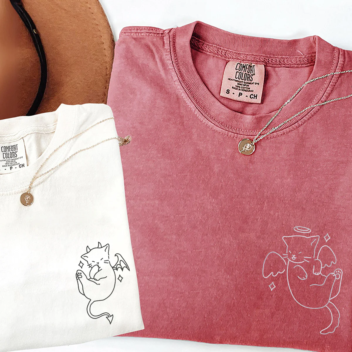 Custom Embroidered Angel and Demon Cat Matching T-shirts for Couples - Image 8