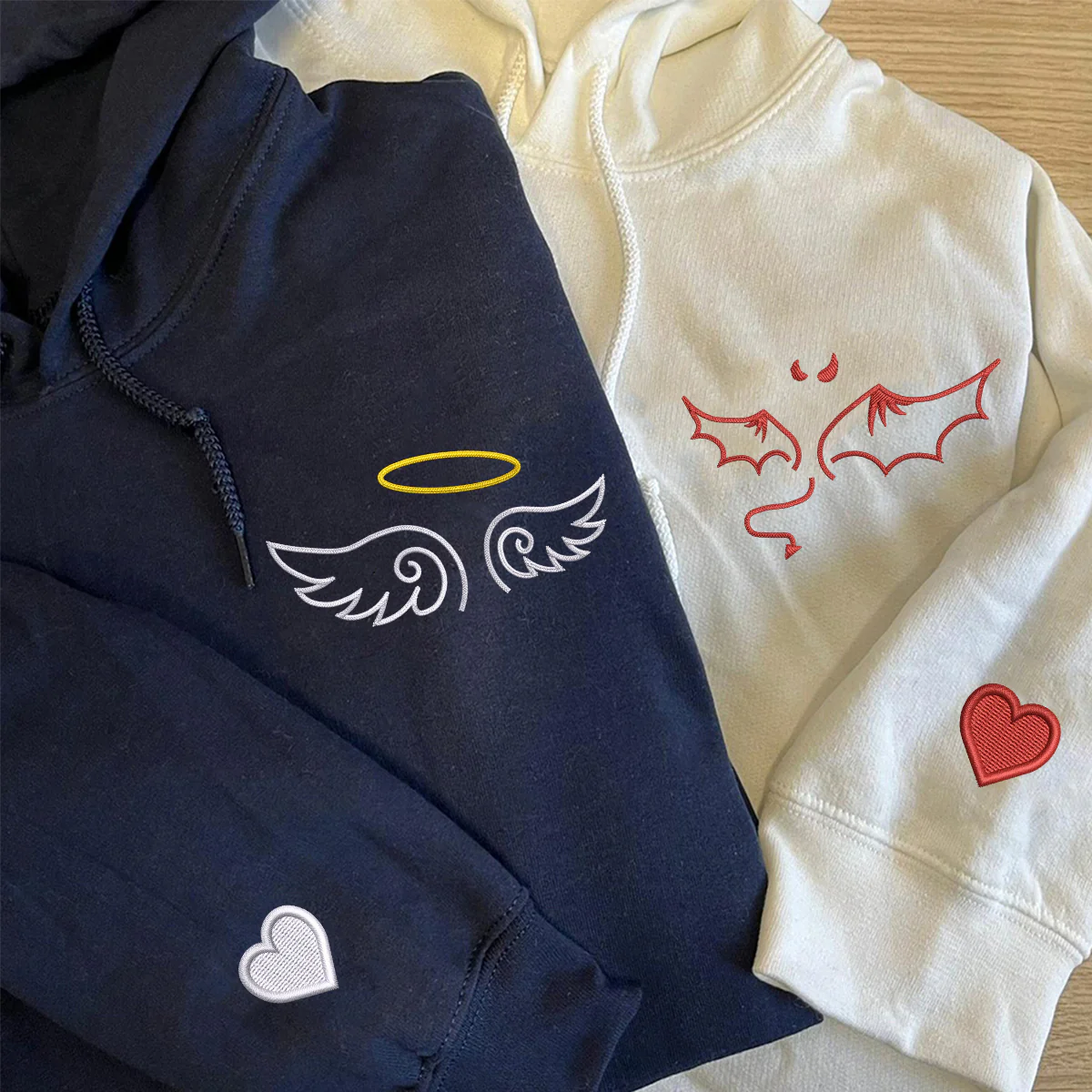 Custom Embroidered Angel and Devil Matching Hoodies for Couples - Image 3