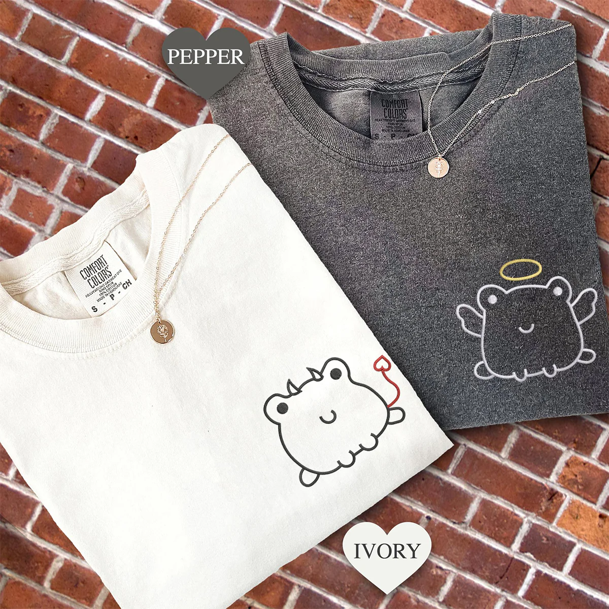 Custom Embroidered Angel & Devil Frog Matching T-shirts for Couples - Image 2