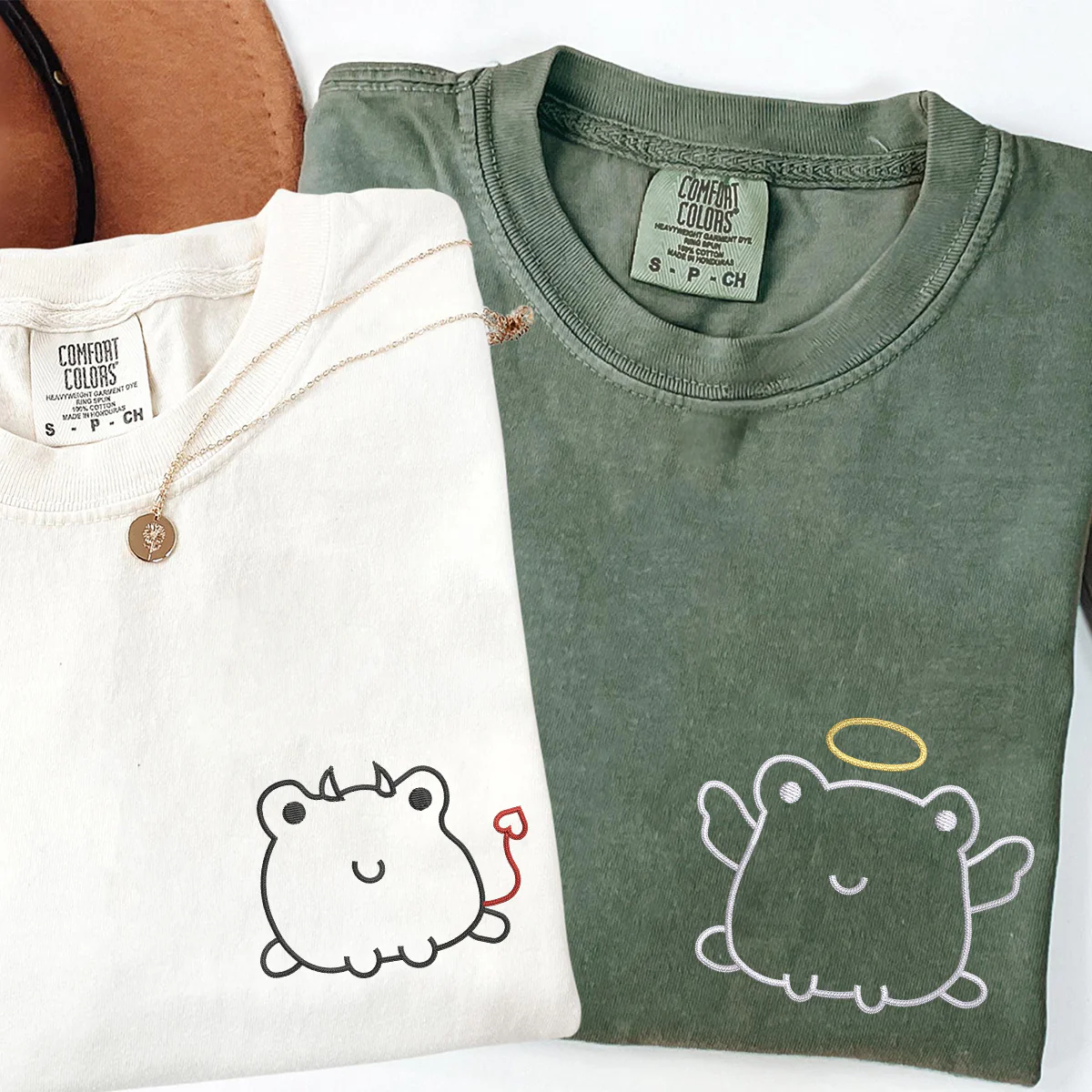 Custom Embroidered Angel & Devil Frog Matching T-shirts for Couples - Image 3